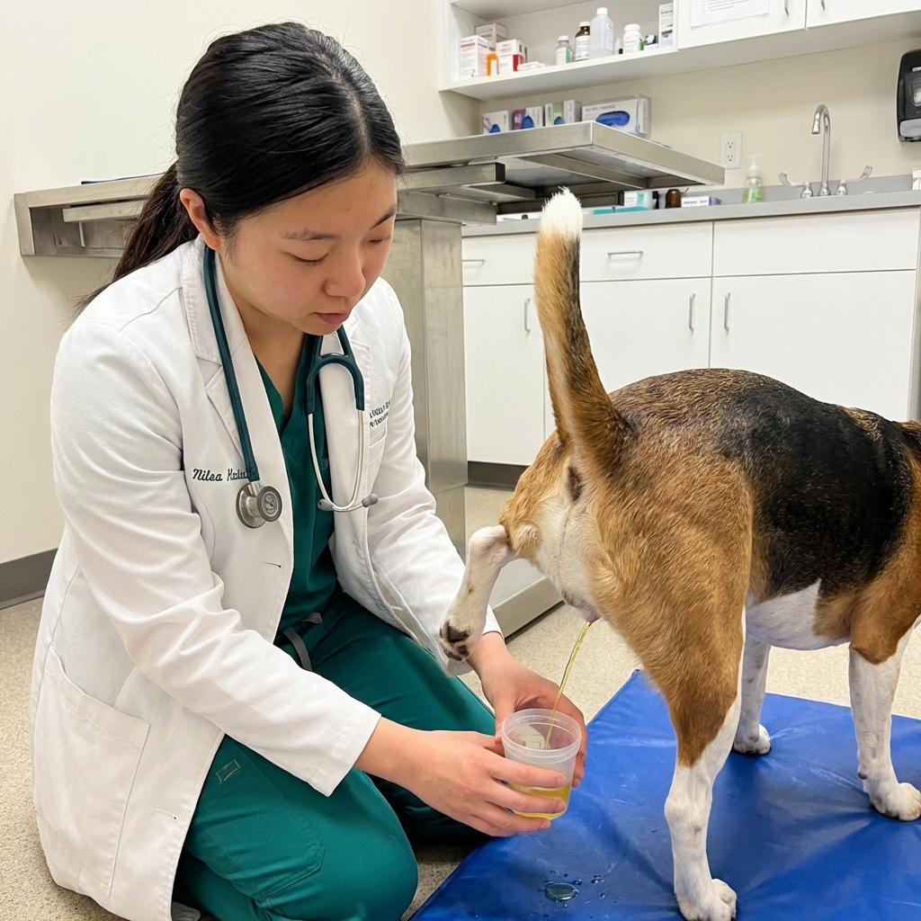 A veterinarian collecting a urine sample from a dog in a clinic exam room