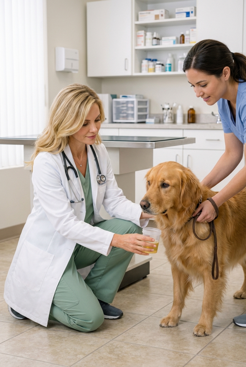 A veterinarian collecting a urine sample from a dog in a clinic exam room