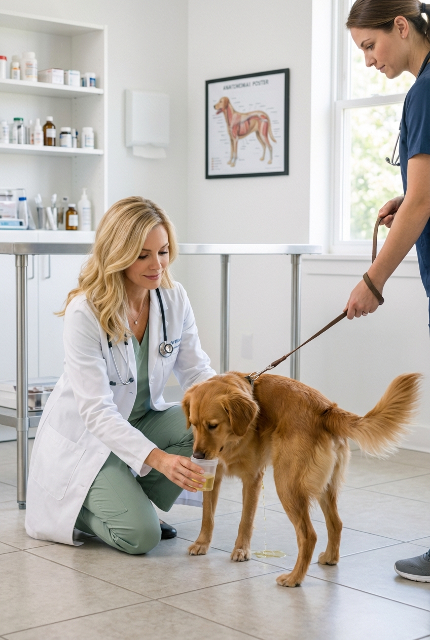 A veterinarian collecting a urine sample from a dog during an exam in a bright clinic room