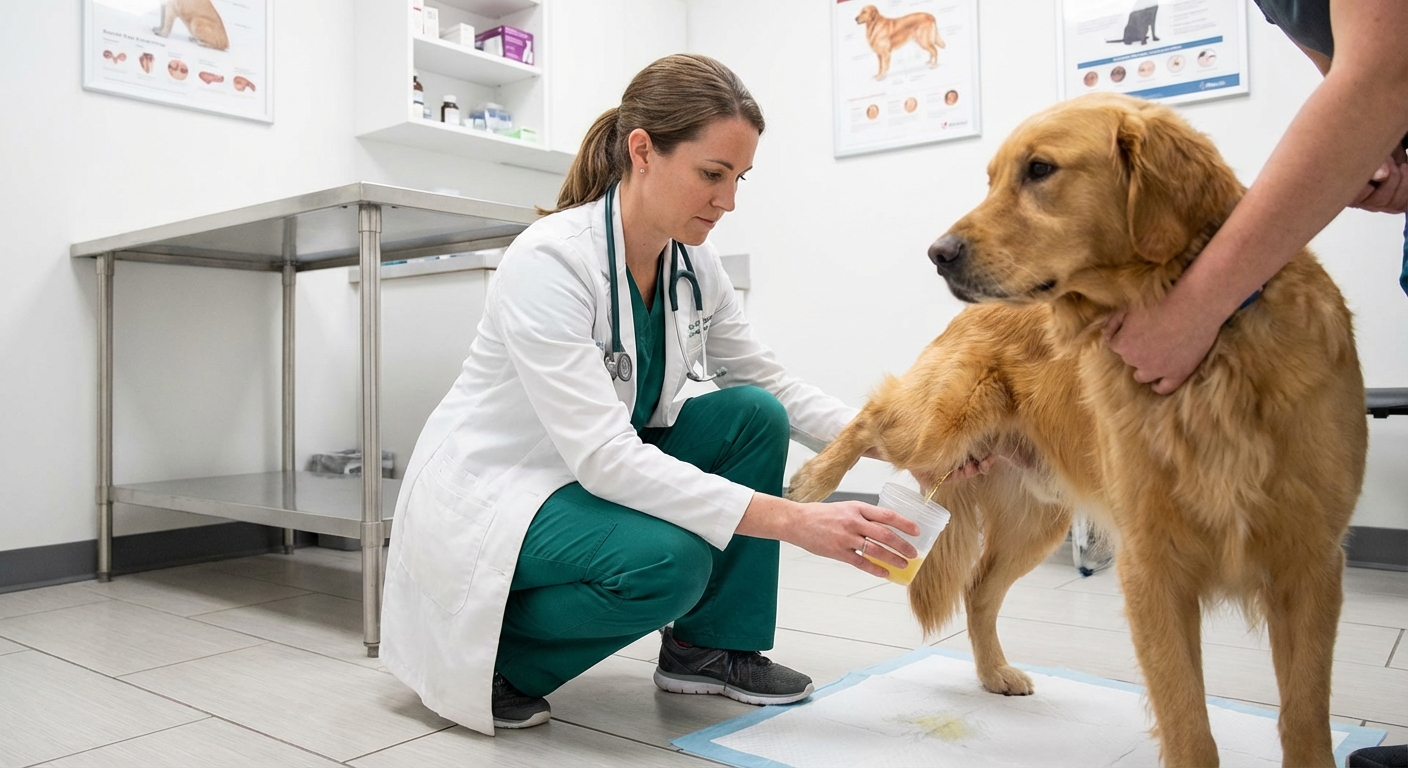 A veterinarian collecting a urine sample from a dog in a clean exam room