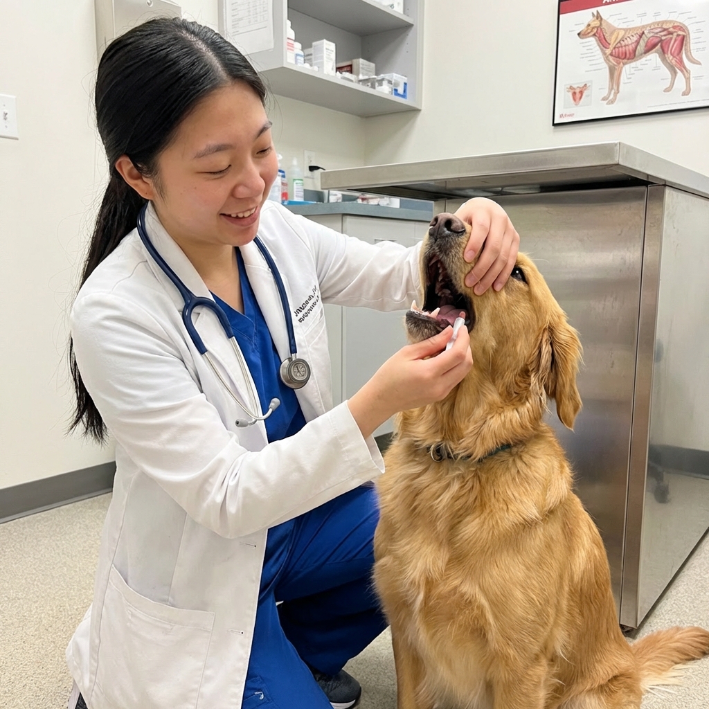 A veterinarian demonstrating safe hand placement to give a medium-sized dog a pill in a clinic exam room