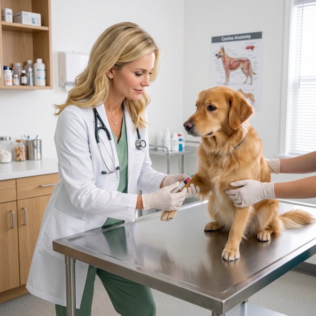 A veterinarian drawing a blood sample from a calm dog on an exam table