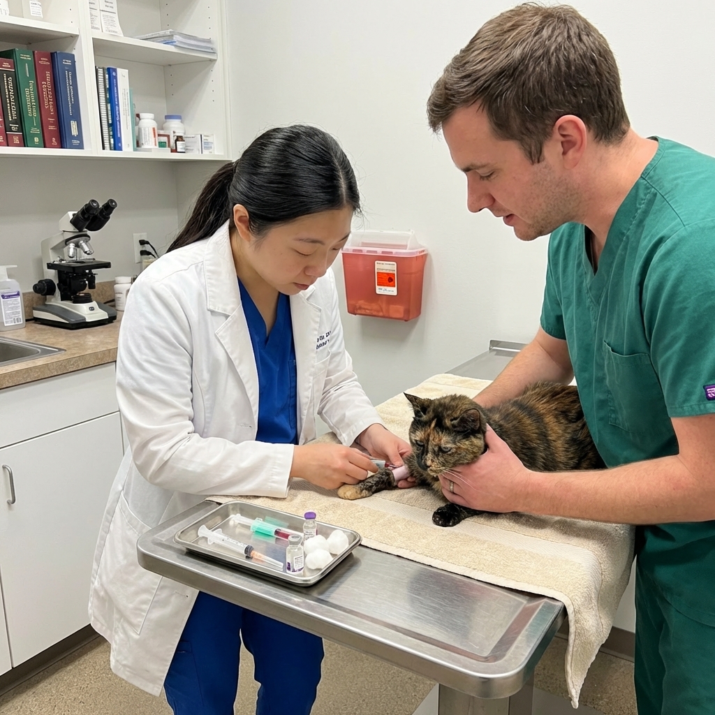 A veterinarian drawing a small blood sample from a calm senior cat on an exam table while a technician gently supports the cat, realistic clinic photography