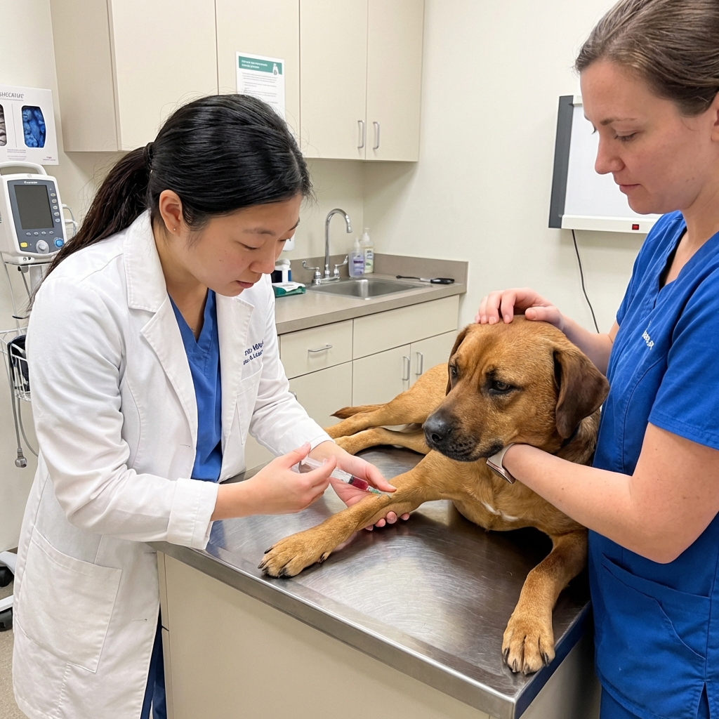 A veterinarian drawing blood from a calm dog on an exam table in a clinic