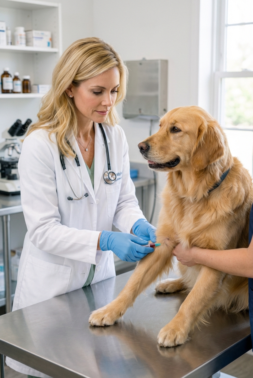 A veterinarian drawing blood from a calm dog on an exam table