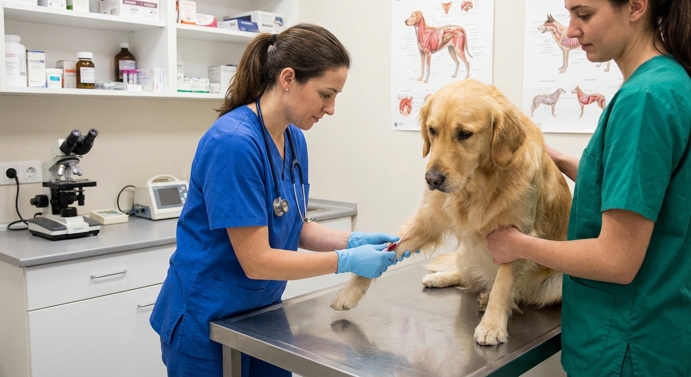 A veterinarian drawing blood from a dog in a clinic exam room