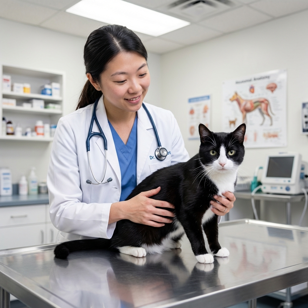 A veterinarian examining a black and white cat on a stainless steel exam table in a clinic room