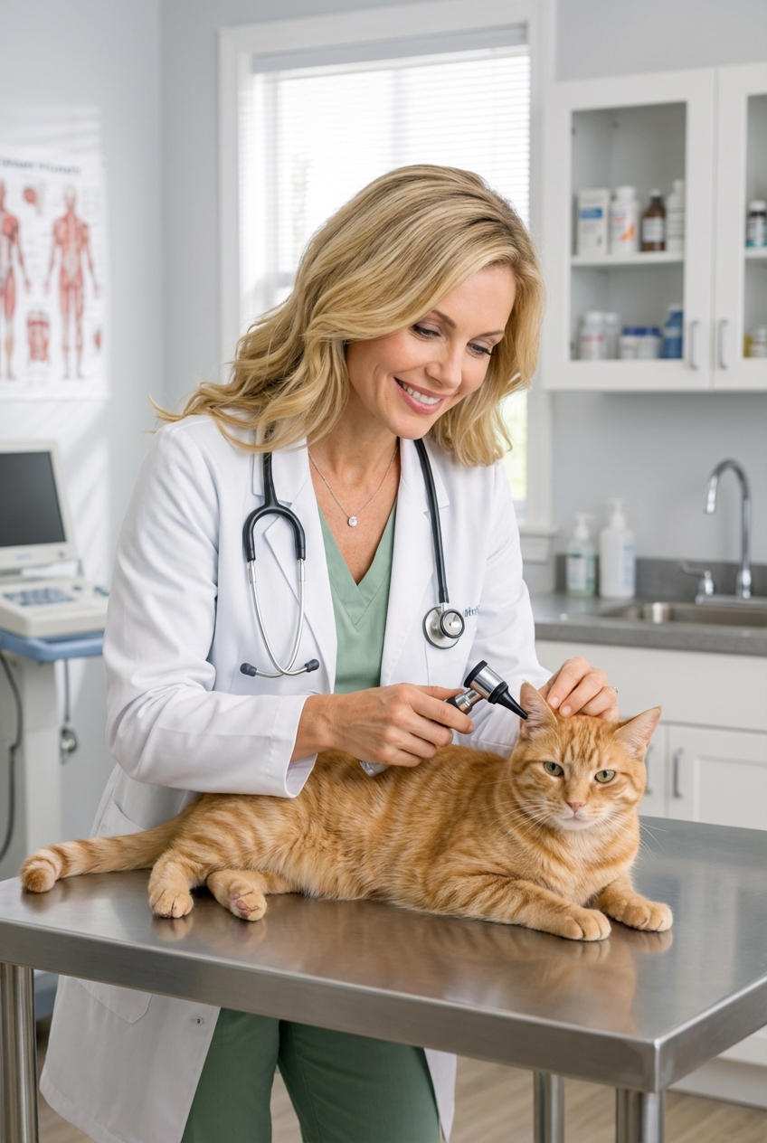 A veterinarian examining a calm cat on an exam table in a clinic room