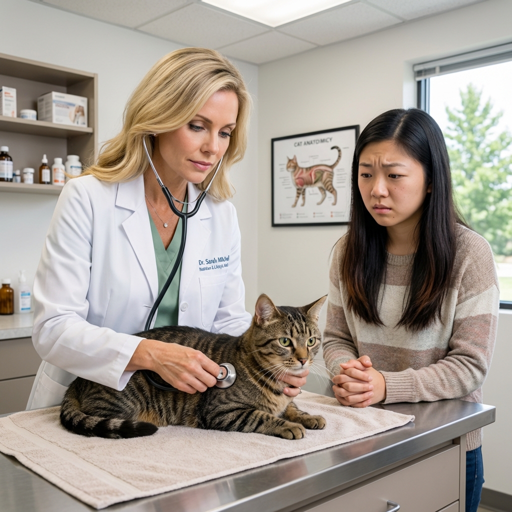 A veterinarian examining a cat on an exam table while a pet parent looks concerned