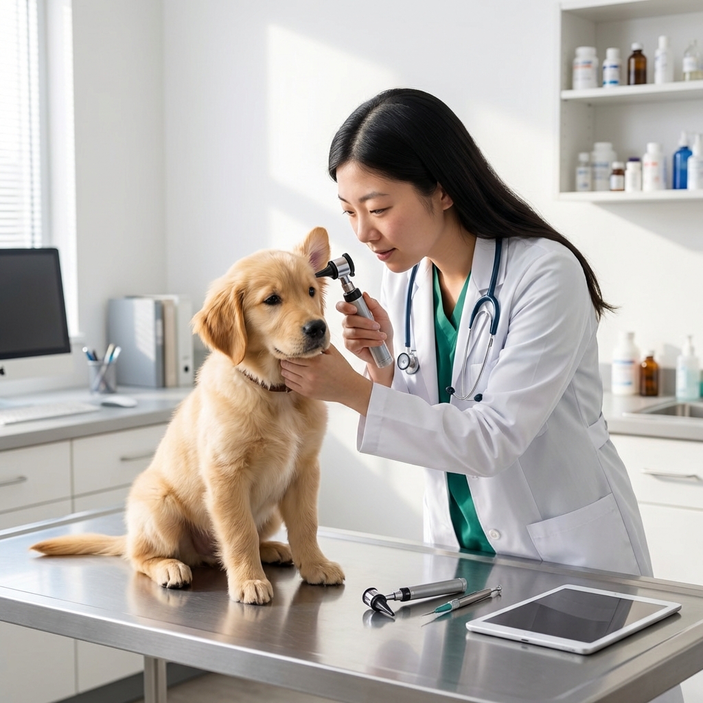 A veterinarian examining a dog in a bright clinic exam room
