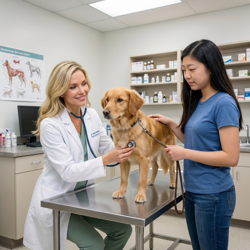 A veterinarian examining a dog in a clinic exam room while the owner gently holds the leash