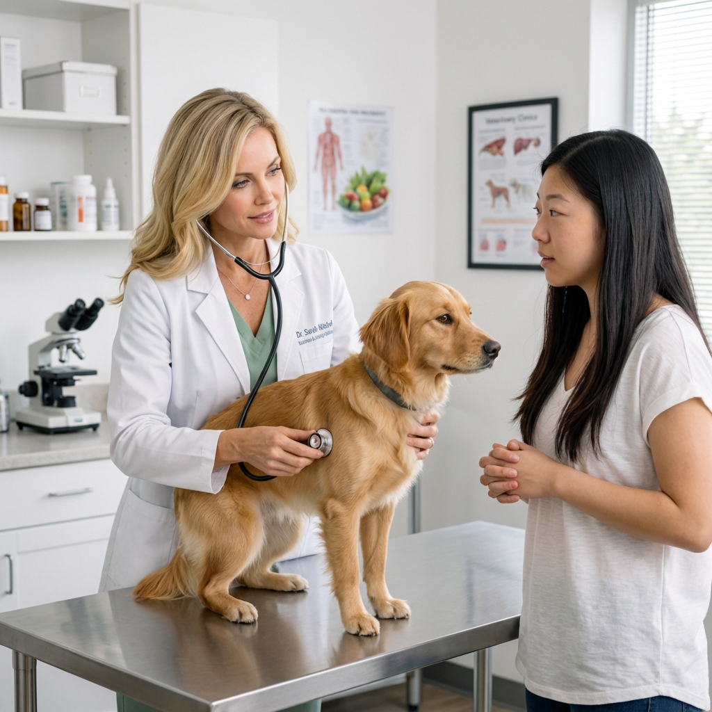 A veterinarian examining a dog in a clinic exam room while a pet owner listens