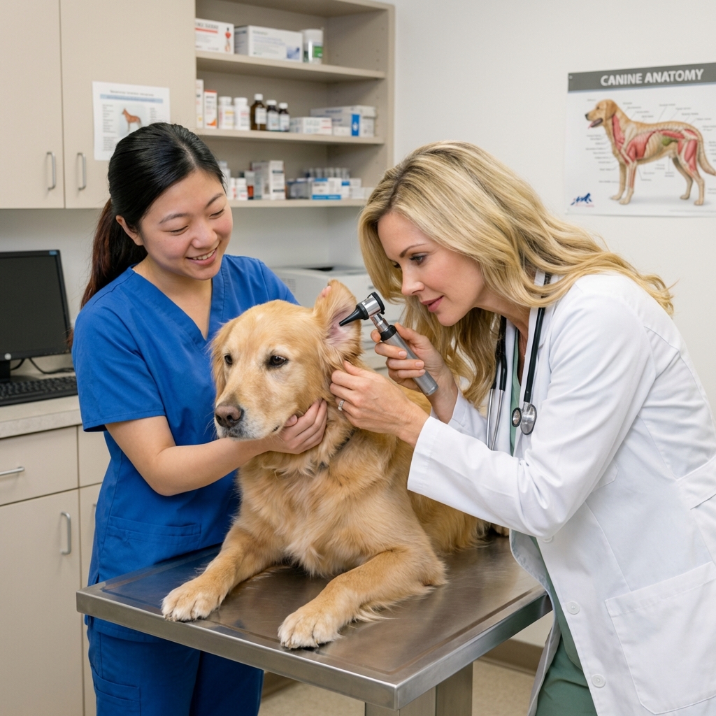 A veterinarian examining a dog in a clinic exam room while a technician assists