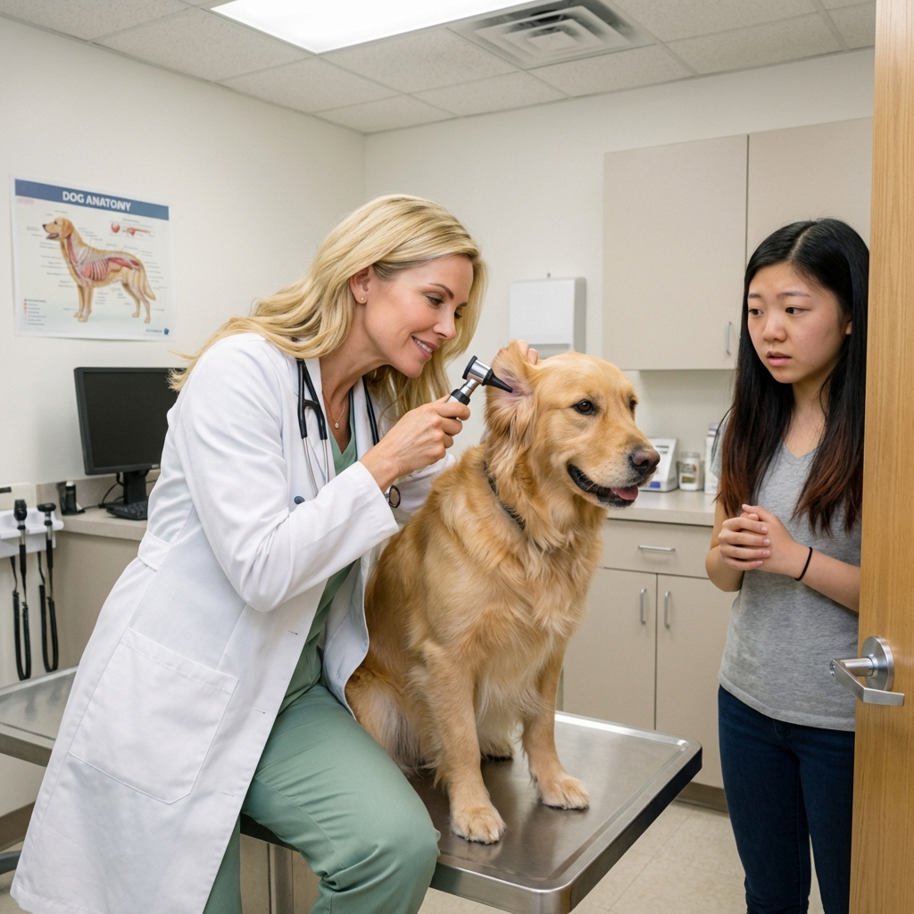 A veterinarian examining a dog in a clinic exam room while a pet parent stands nearby