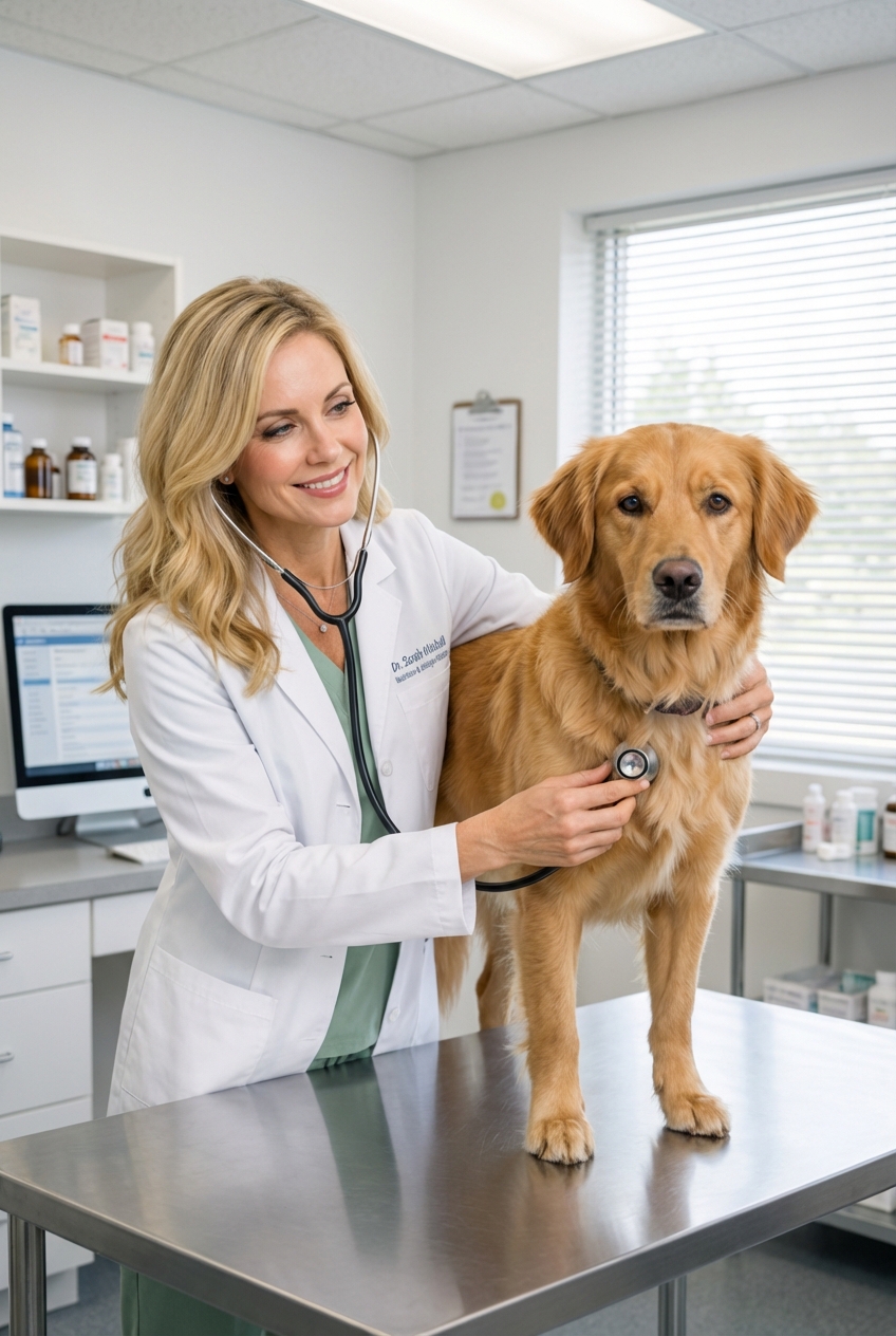 A veterinarian examining a dog in a clinic exam room