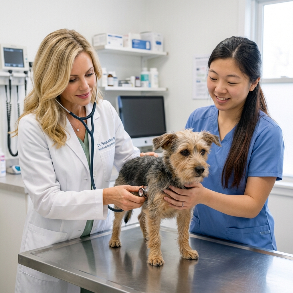A veterinarian examining a dog on a clinic table while a technician holds the dog gently