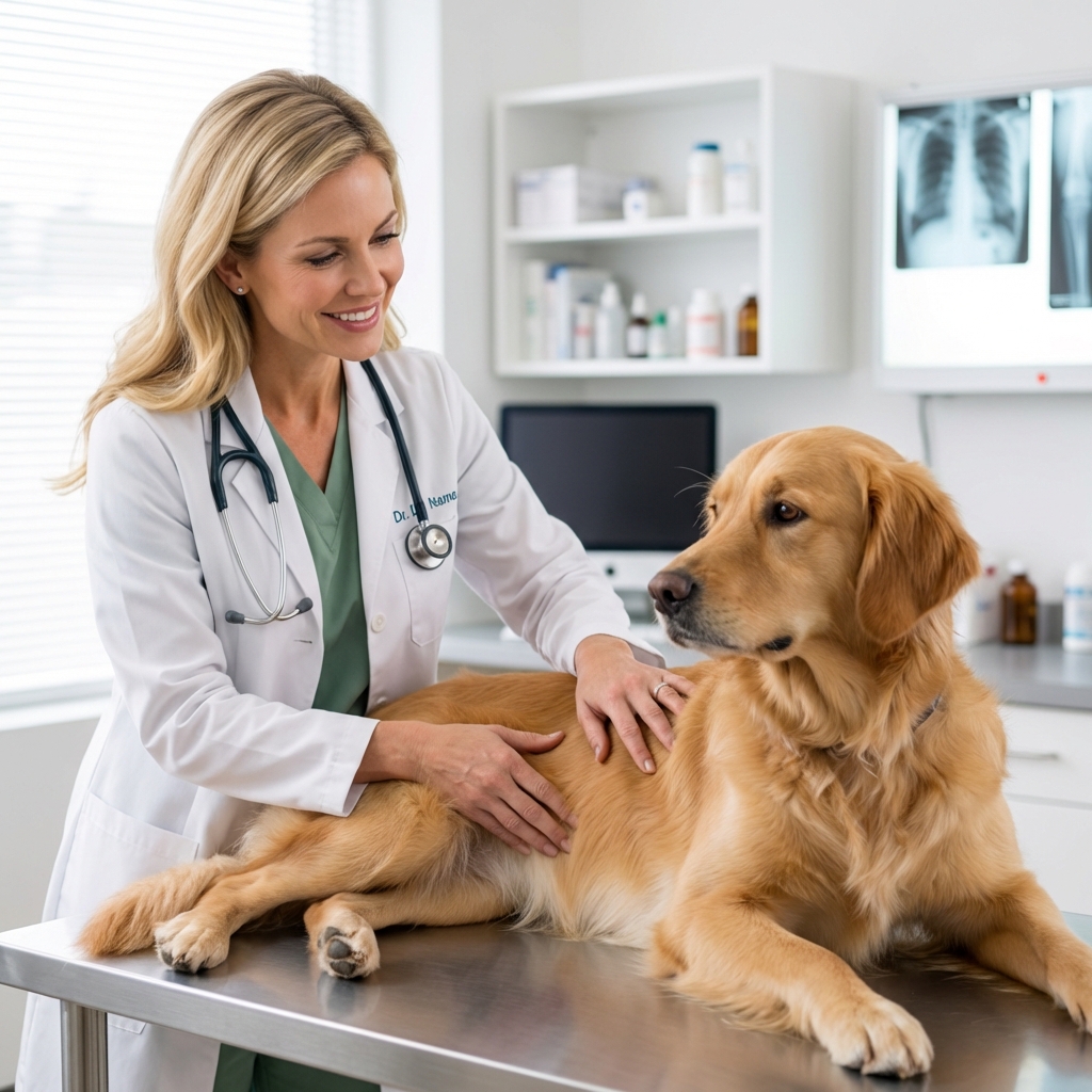 A veterinarian examining a dog on a treatment table in a bright clinic room