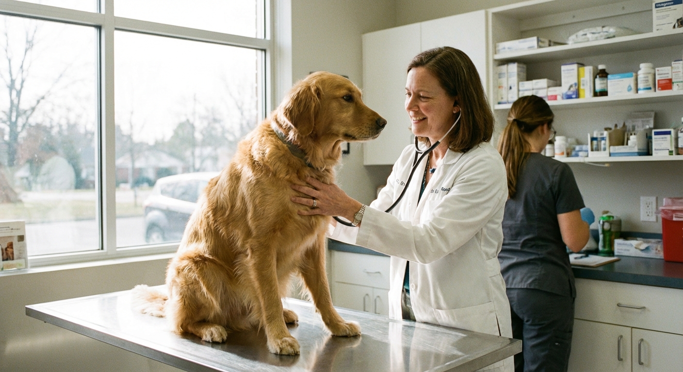 A veterinarian examining a dog on an exam table in a bright veterinary clinic