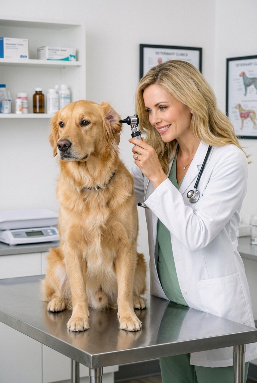 A veterinarian examining a dog on an exam table in a clinic room