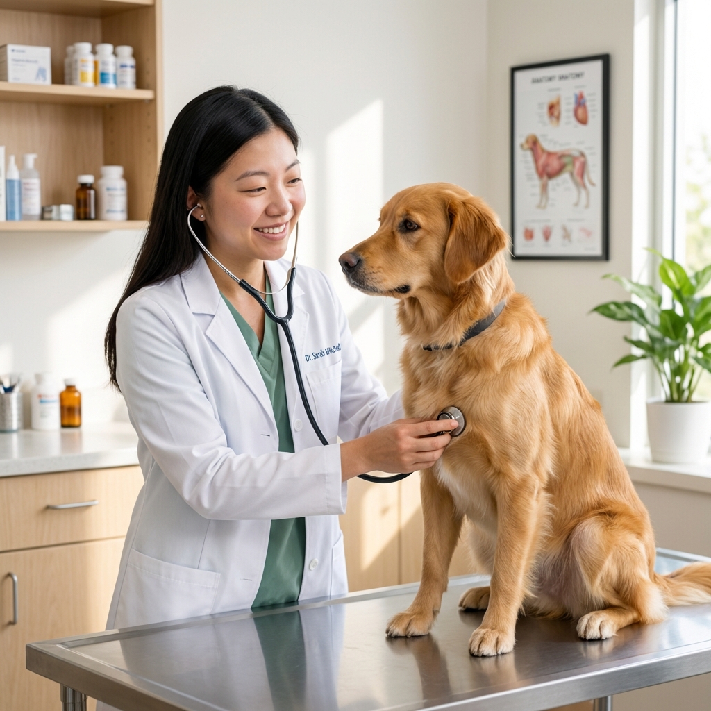A veterinarian examining a dog on an exam table in a bright clinic room