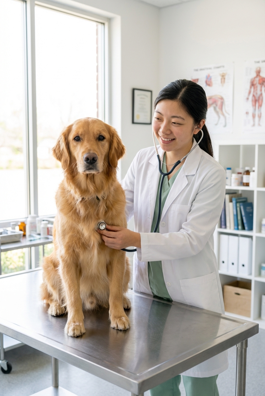 A veterinarian examining a dog on an exam table in a bright clinic room