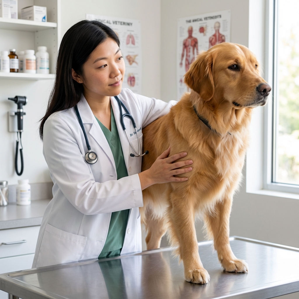 A veterinarian examining a dog on an exam table in a clinic setting