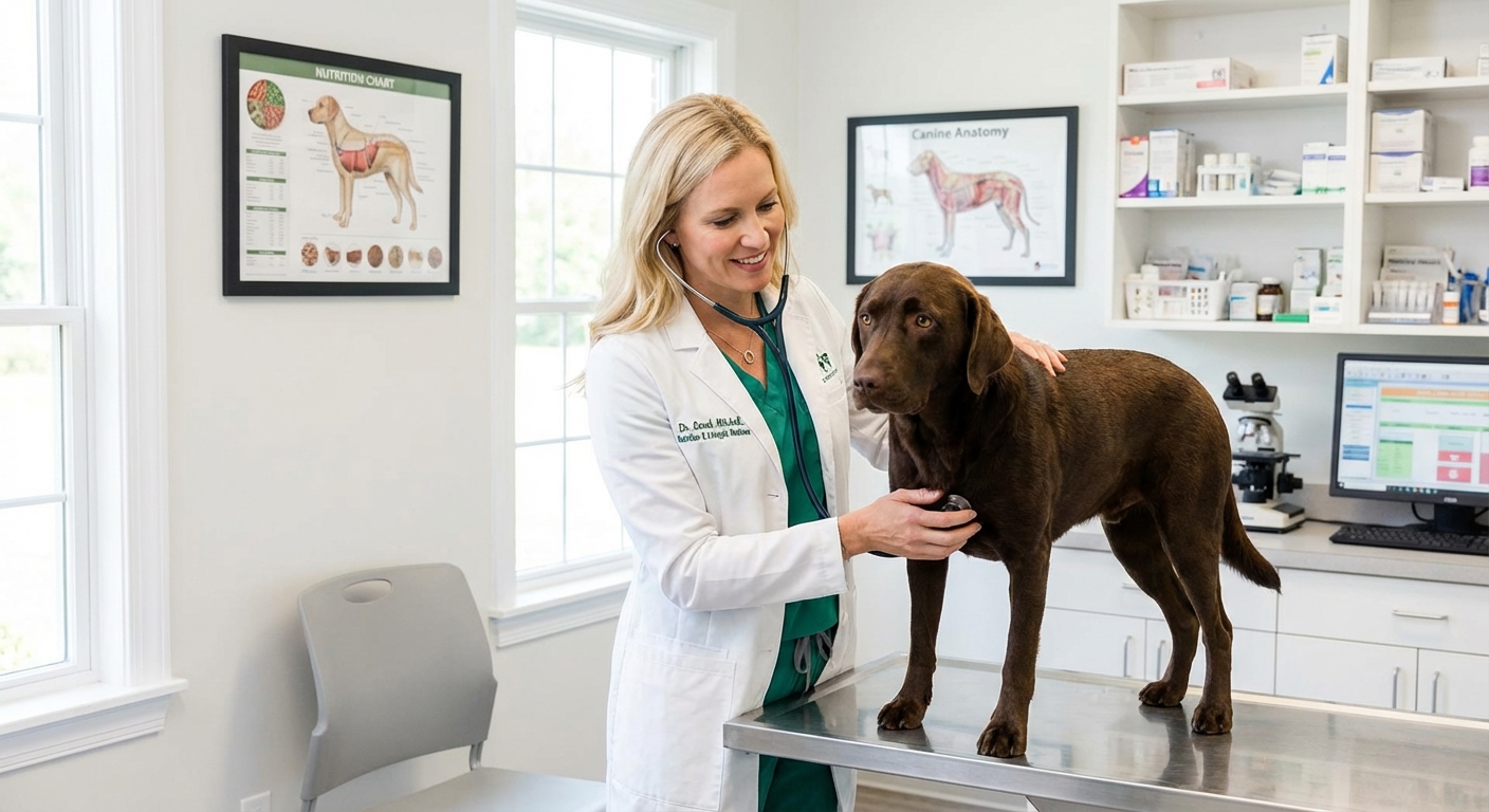 A veterinarian examining a dog on an exam table in a bright veterinary clinic