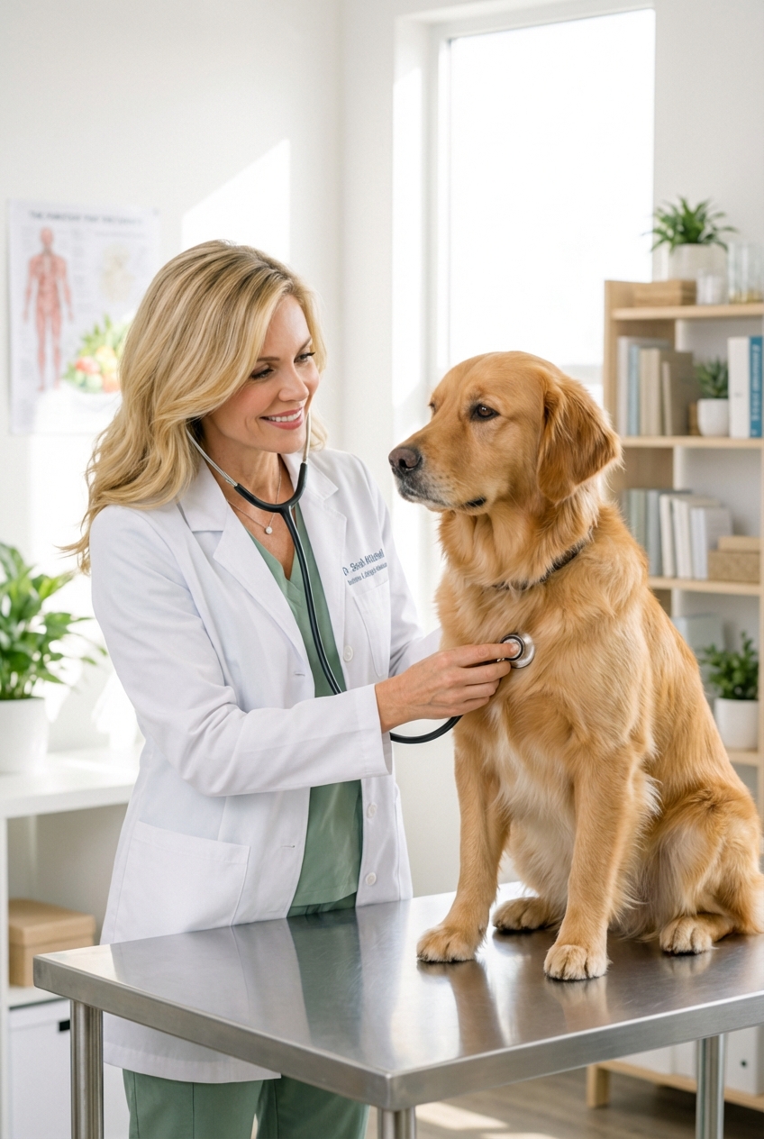 A veterinarian examining a dog on an exam table in a bright clinic room