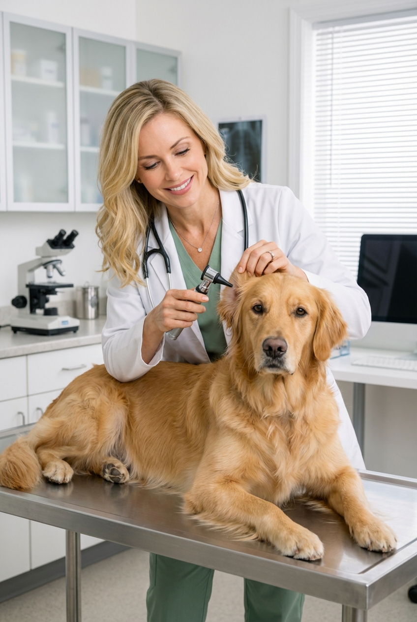 A veterinarian examining a dog on an exam table in a clean clinic room
