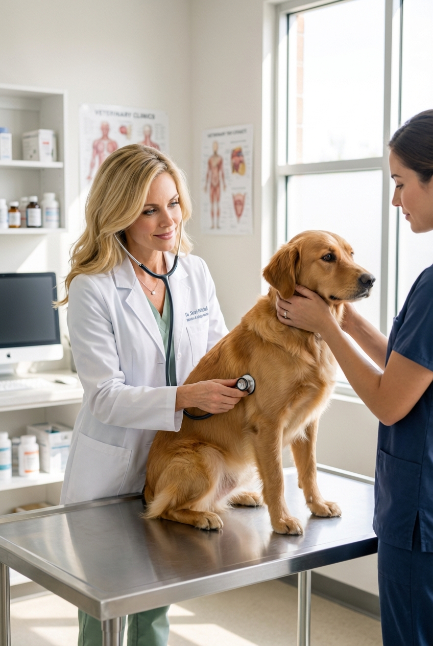 A veterinarian examining a dog on an exam table in a bright clinic room