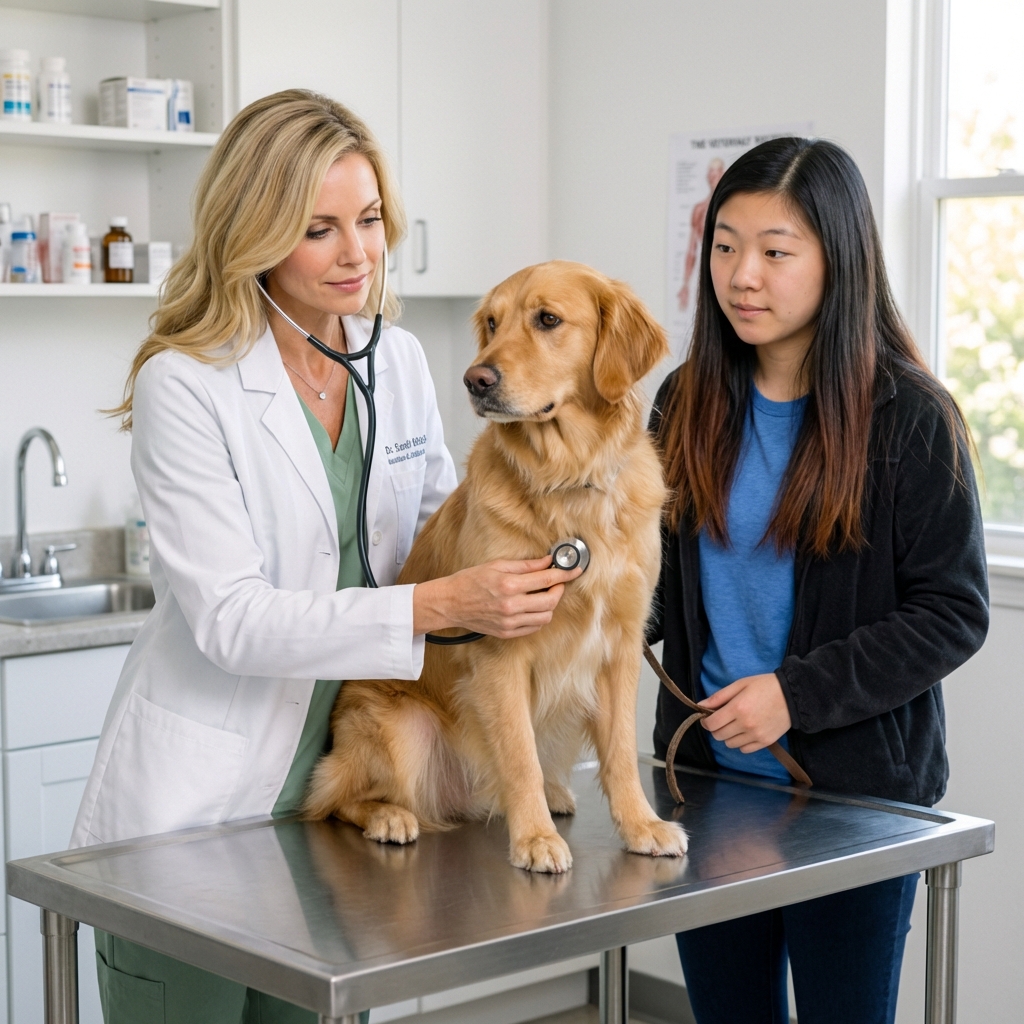 A veterinarian examining a dog on an exam table while a pet owner stands nearby