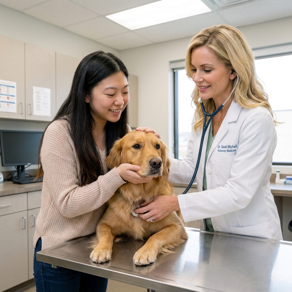 A veterinarian examining a dog on an exam table while the owner gently holds the dog