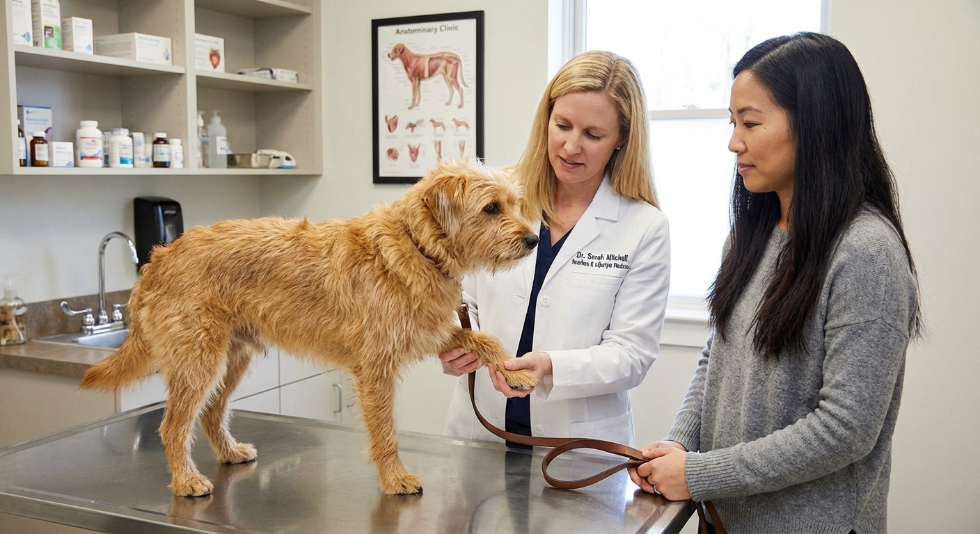A veterinarian examining a dog on an exam table while the owner holds the leash