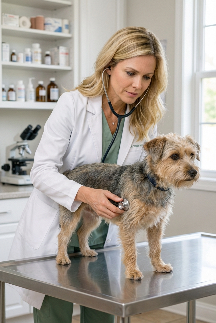 A veterinarian examining a dog on an exam table with a stethoscope in a bright clinic room