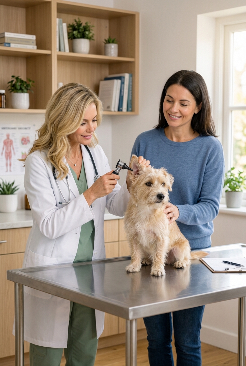 A veterinarian examining a dog on an exam table with a calm owner nearby