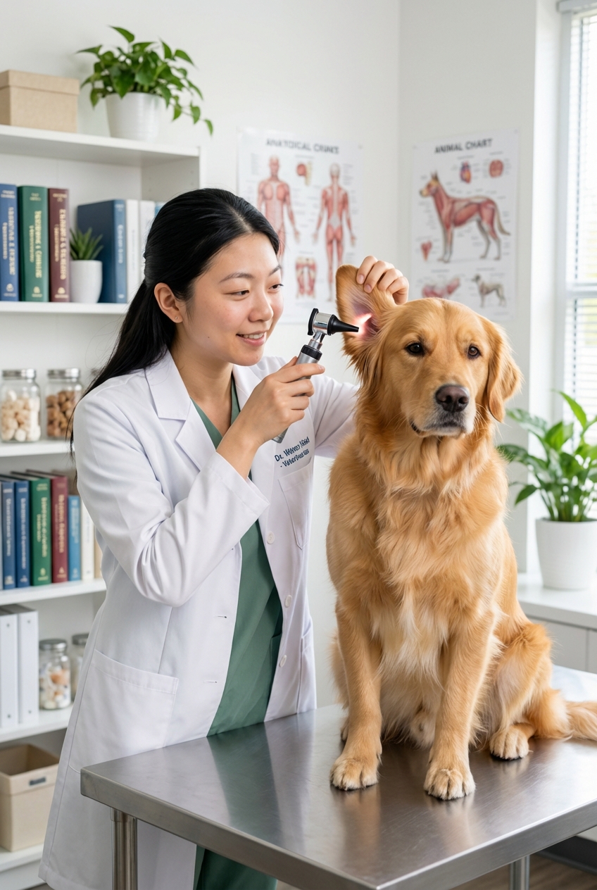 A veterinarian examining a dog's ear with an otoscope in a clinic room