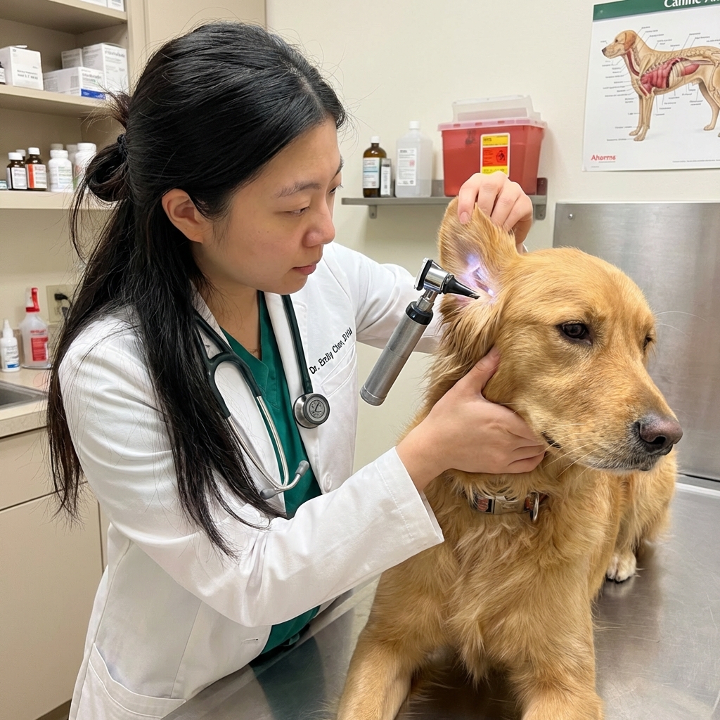 A veterinarian examining a dog's ear with an otoscope in a clinic room