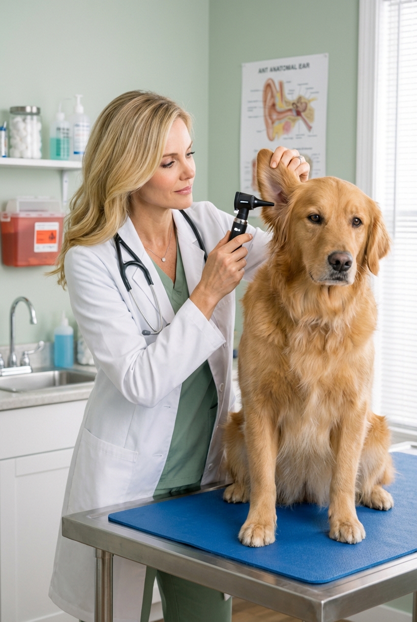 A veterinarian examining a dog’s ear with an otoscope in a clinic exam room