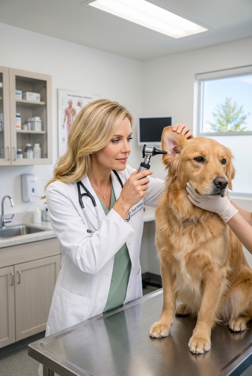 A veterinarian examining a dog's ear with an otoscope in a clinic room