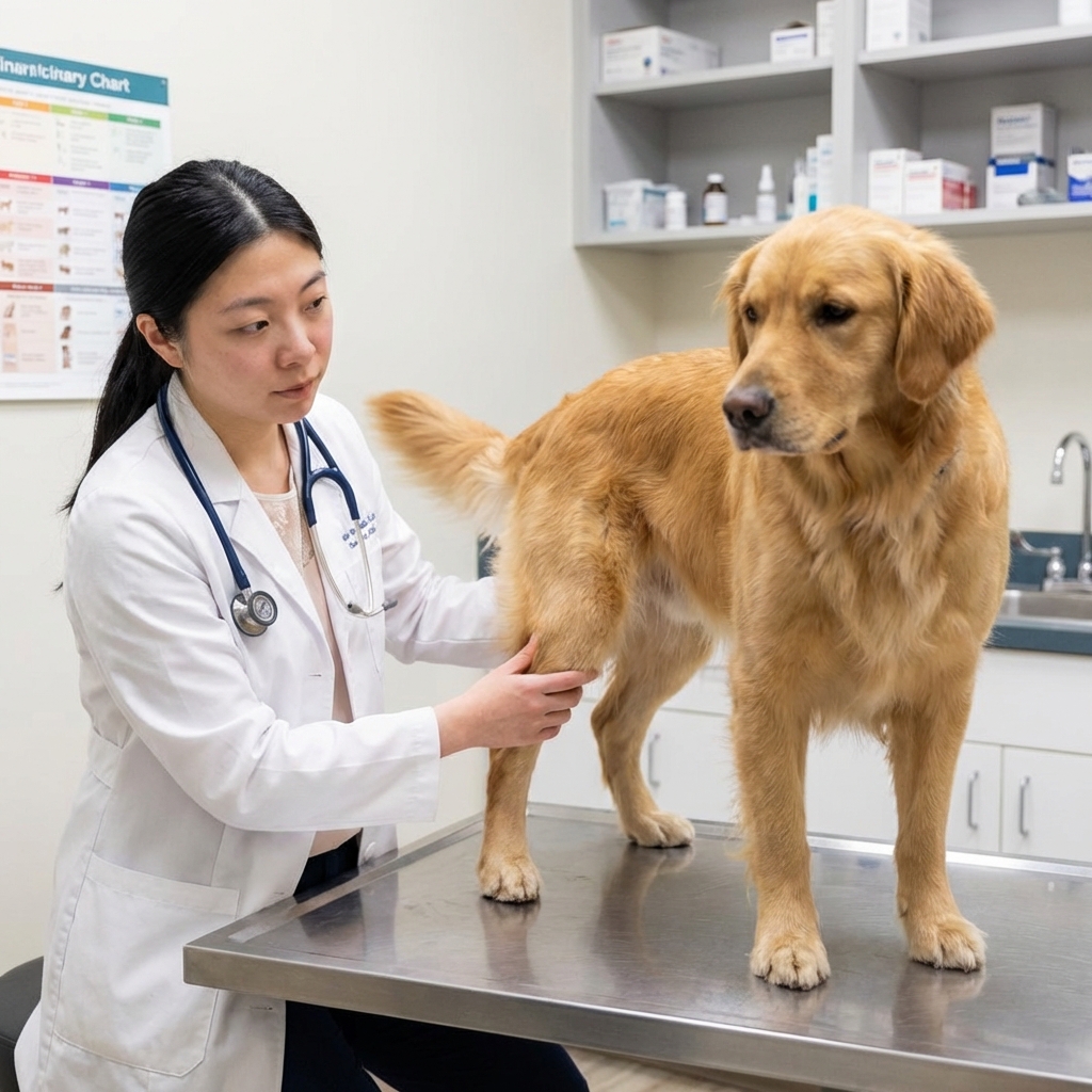 A veterinarian examining a dog’s hind leg in a clinic room while the dog stands calmly