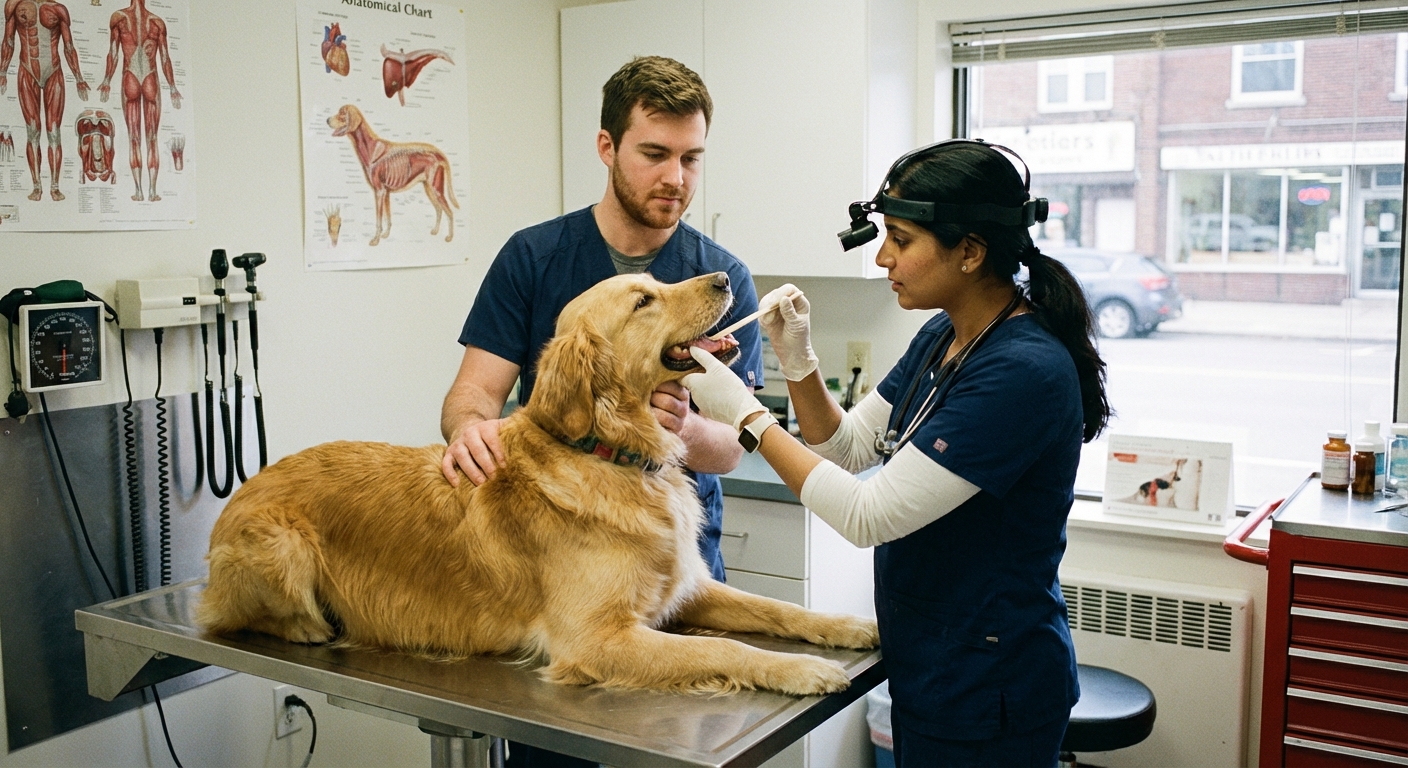 A veterinarian examining a dog’s mouth and throat in a clinic room