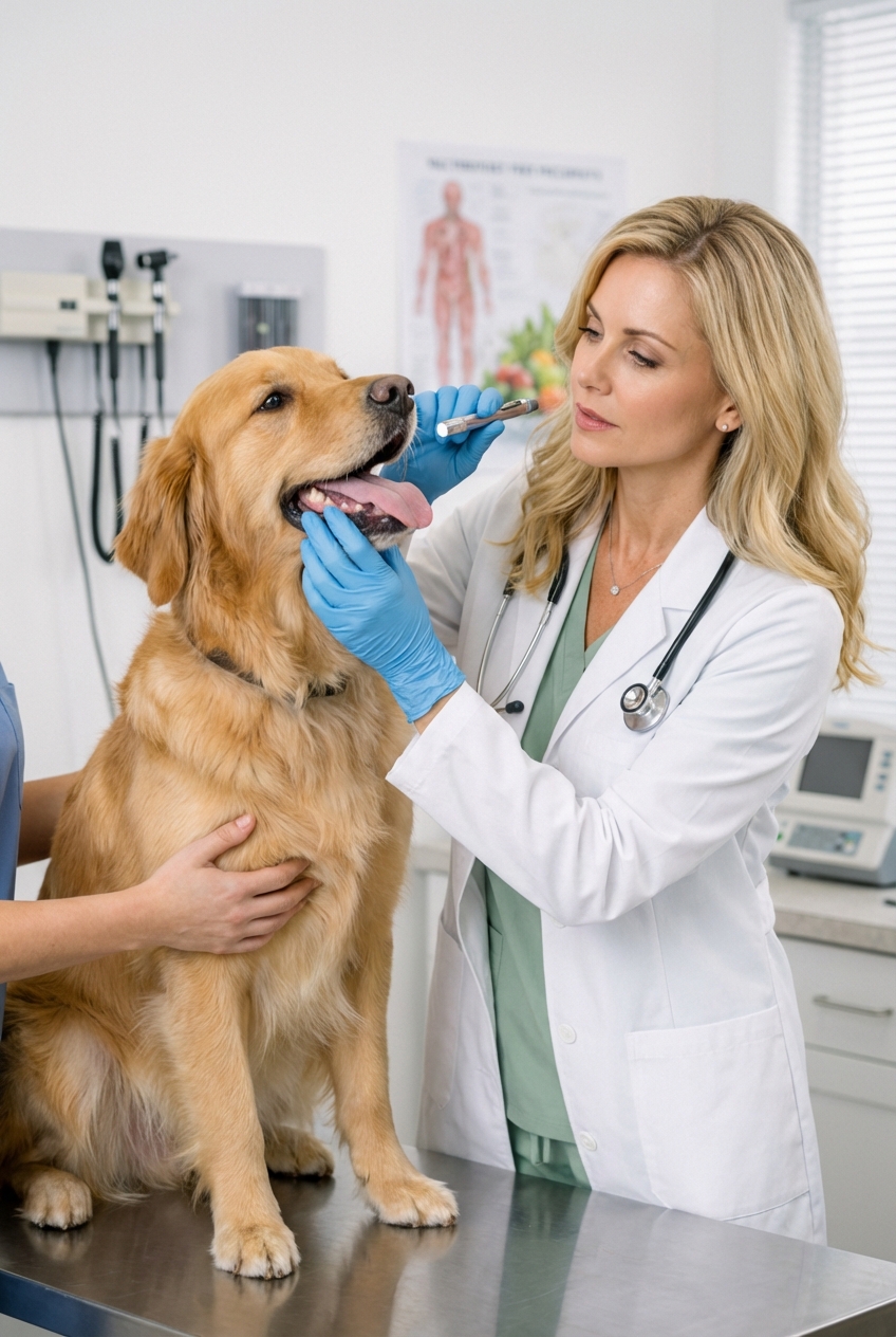 A veterinarian examining a dog’s mouth and throat in a clinic exam room