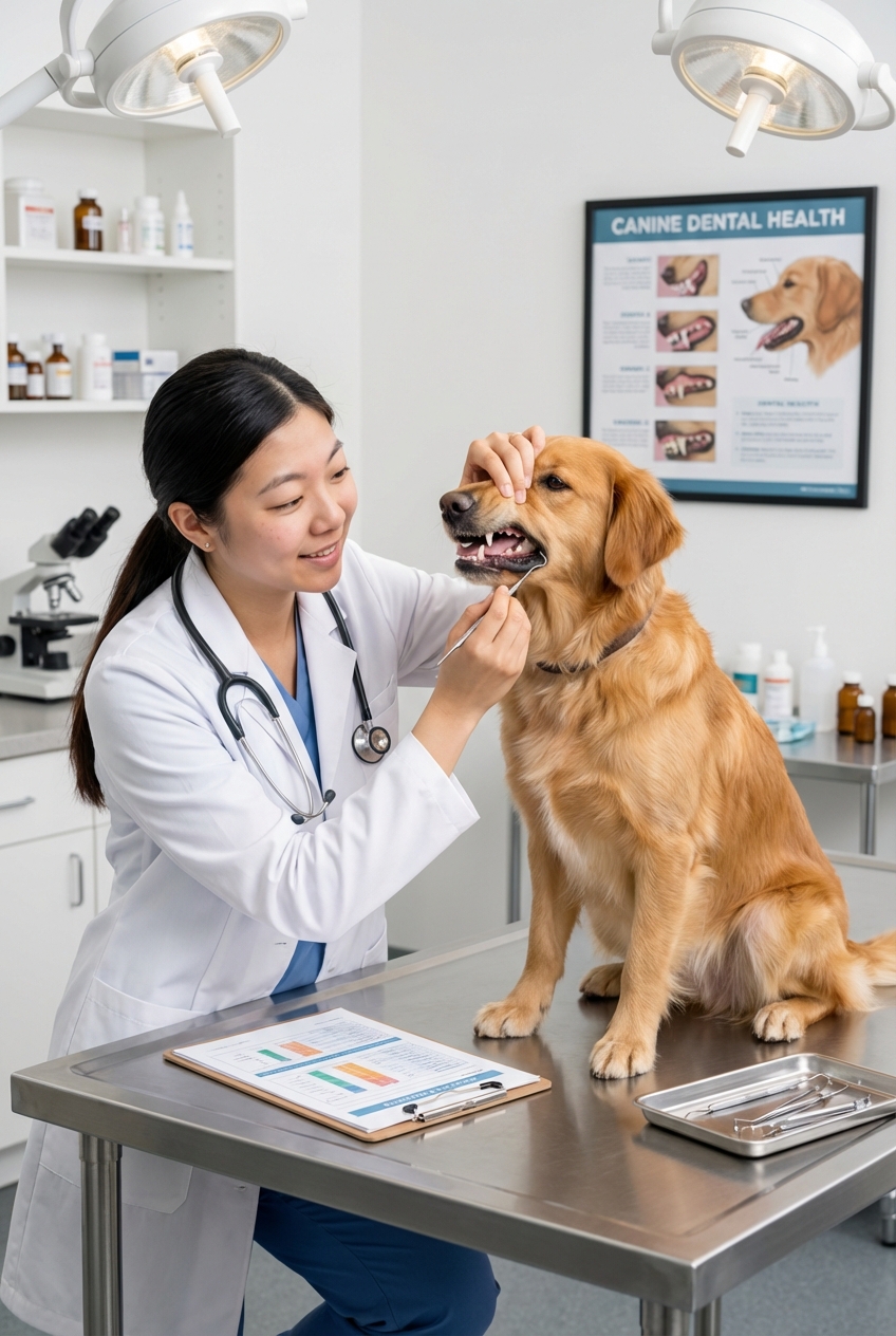 A veterinarian examining a dog’s mouth during a wellness check in a clinic
