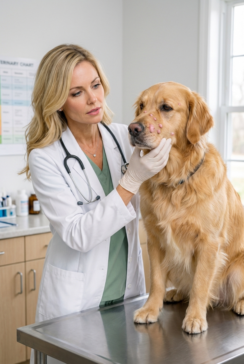 A veterinarian examining a dog’s muzzle for swelling in a clinic exam room
