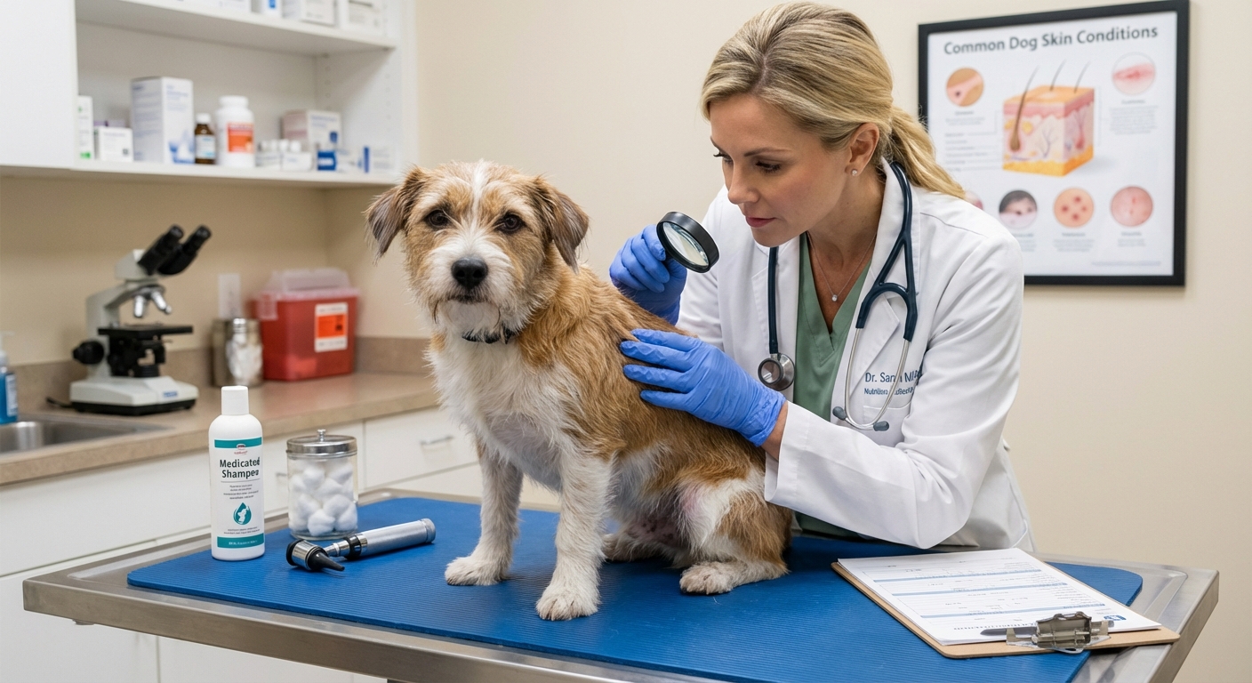 A veterinarian examining a dog's skin and coat in a clinic exam room