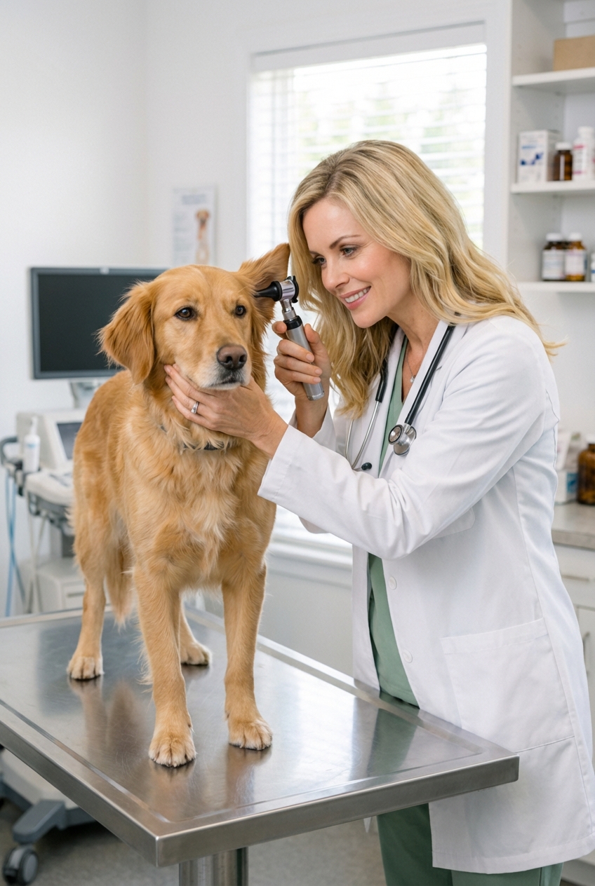 A veterinarian examining a medium-sized dog on an exam table in a bright clinic room