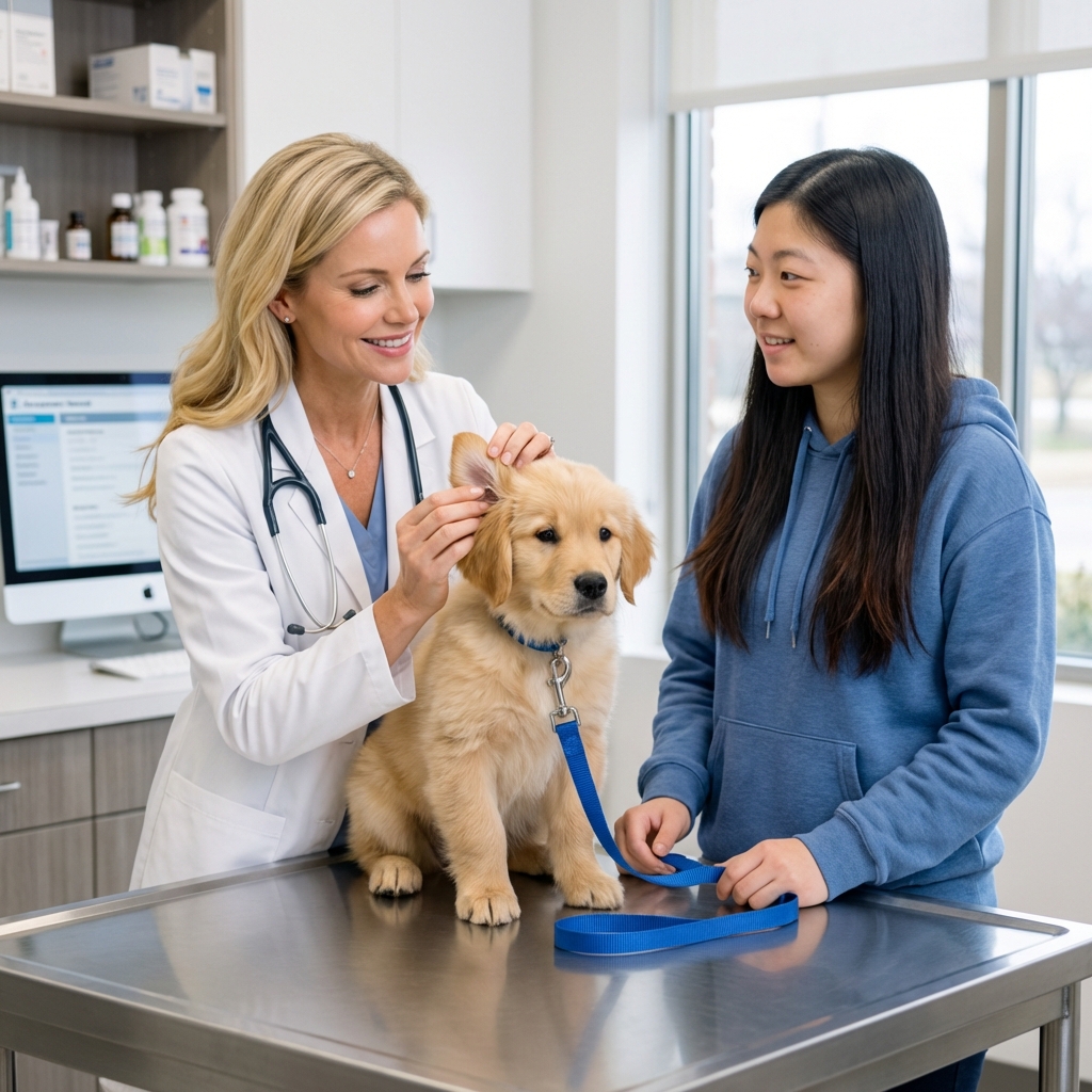 A veterinarian examining a puppy on an exam table while an owner holds the leash