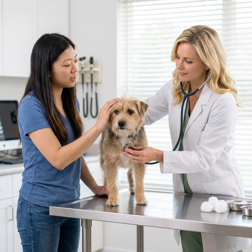A veterinarian examining a small dog on an exam table while the owner gently comforts the dog