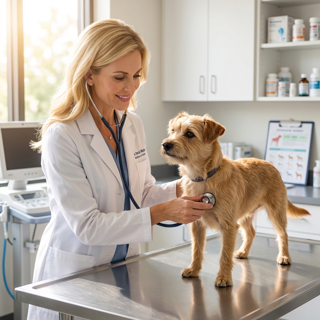 A veterinarian examining a small dog on an exam table in a bright clinic room