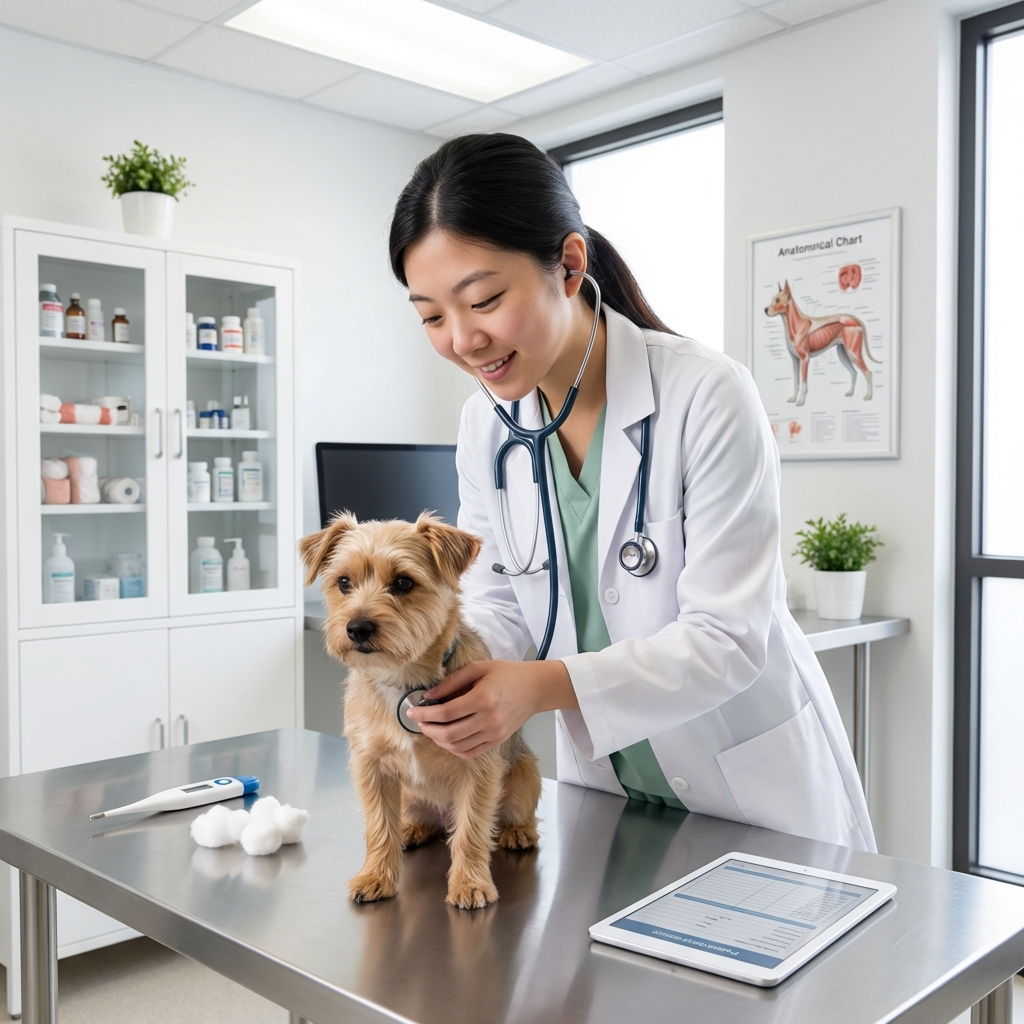 A veterinarian examining a small dog on an exam table in a clean clinic room